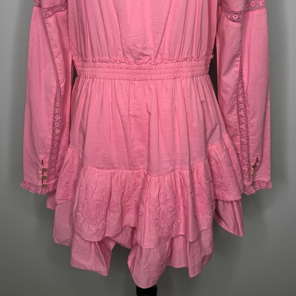 LoveShackFancy Sanaya Dress XL Vivid Pink Long‎ Sleeve Ruffle Tiered Lace Trim - Picture 11 of 16